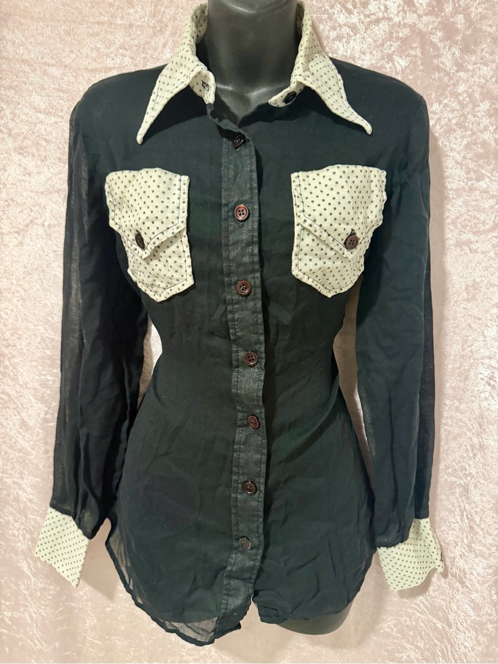 Vintage Western Style Polka Dot Lightweight Retro Long Sleeve Shirt Size M